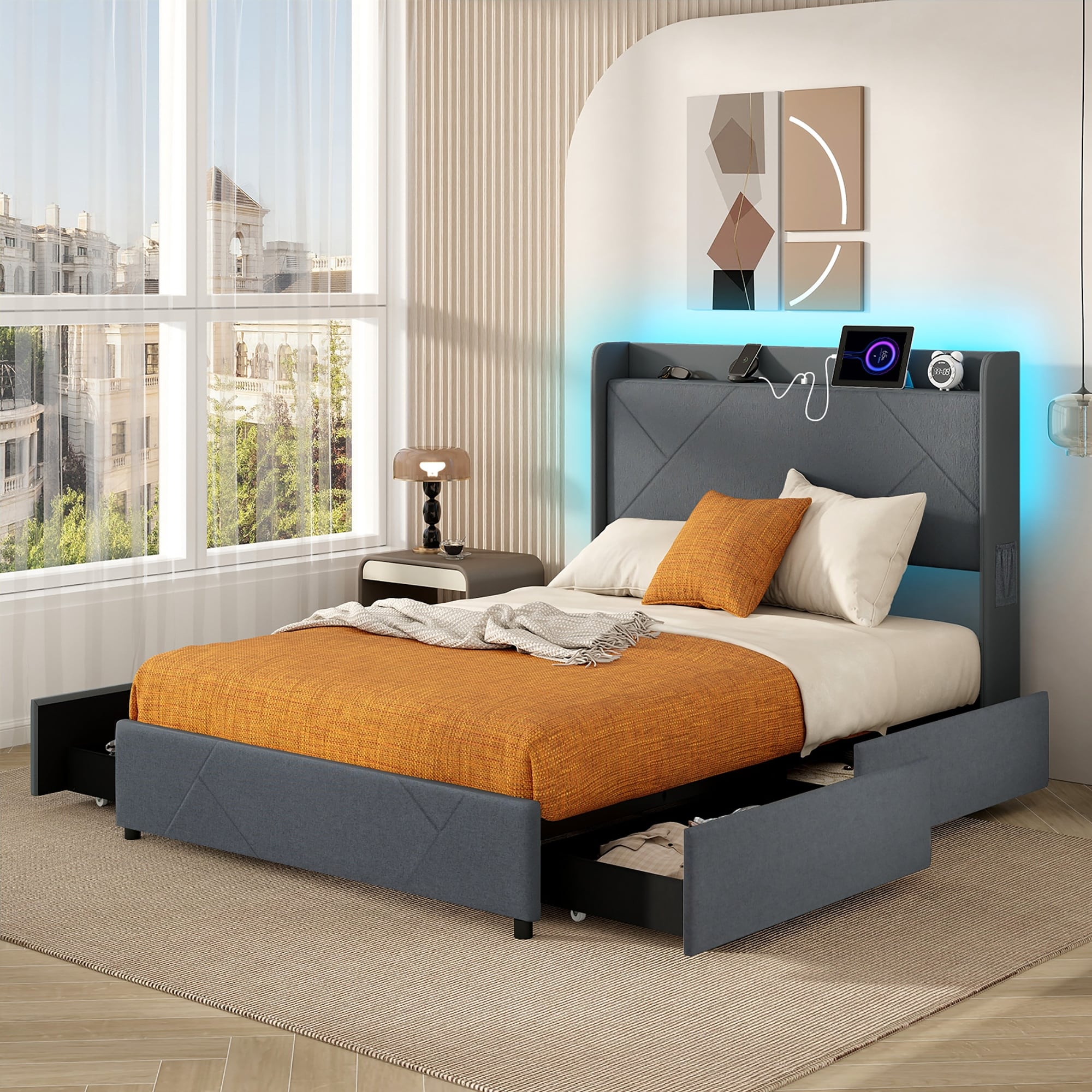Gymax Bed Frame w/LED Lights Charging Station 2 Storage Pockets & 4