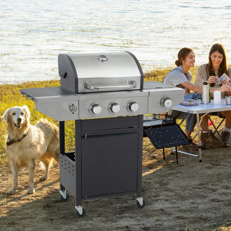 Stainless Steel Gas Grill with Side Burner and Thermometer for Outdoor BBQ, Camping