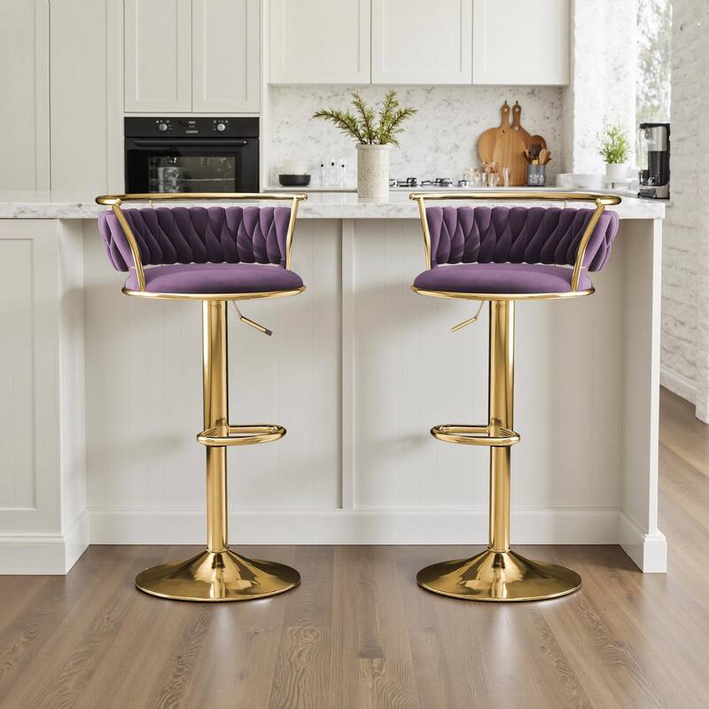 Velvet Upholstered Adjustable Bar Stool Swivel Counter Chair Set of 2 - Purple/Gold - Set of 2