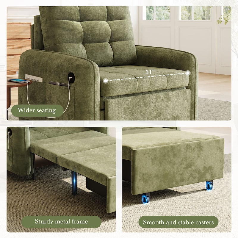 3-in-1 Chenille Accent Chair Convertible Sleeper Sofa Bed, 80" Extra Long Pull-out Chair Bed with USB and Type-C Ports