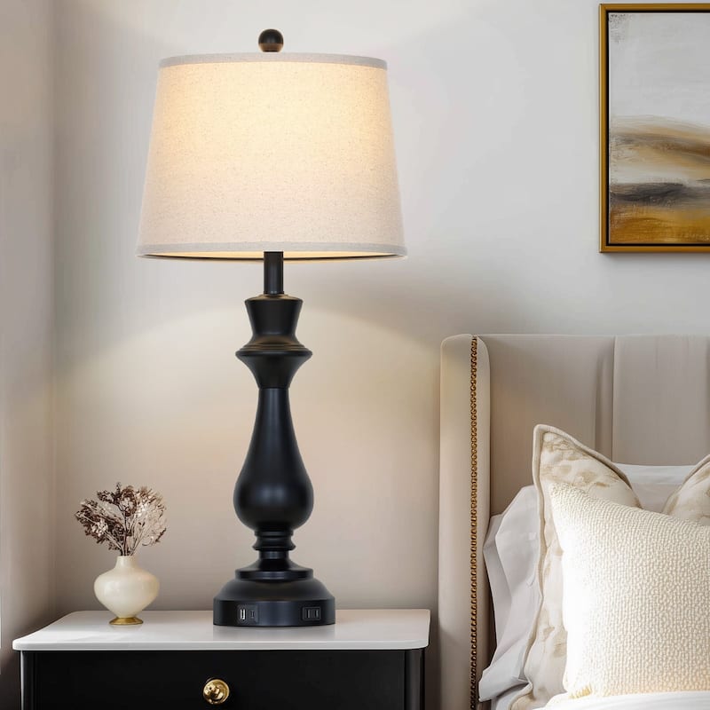 Modern 30-Inch Table Lamps with Touch Control, USB & Type-C Ports, and AC Outlet (Set of 2)