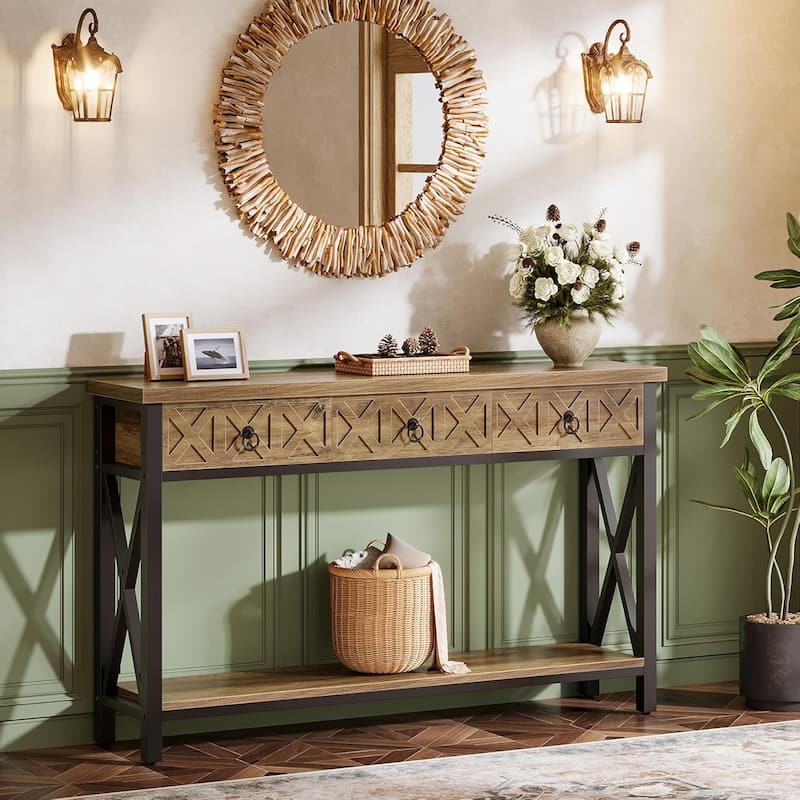 55" Farmhouse Narrow Console Table with 3 Drawers, Long Rustic Entryway Table with 2-Tier Storage Shelf