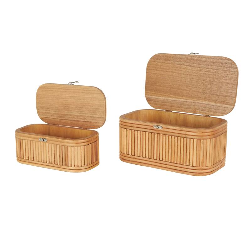 Brown Wood Ribbed Decorative Box with Brass Latches (Set of 2) - 8"W x 12"L x 6"H