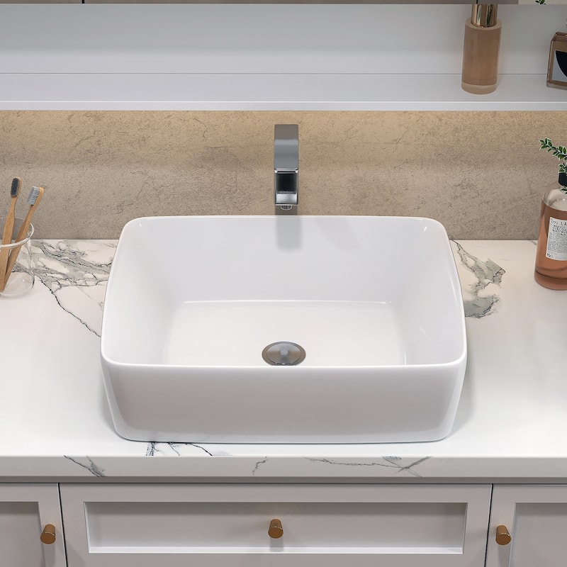 Sinber White Ceramic Countertop Bathroom Vanity Vessel Sink - 19" x 15" x 5.31"