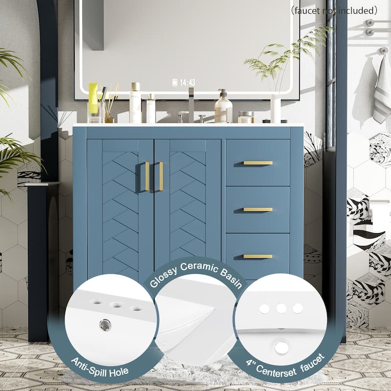 36'' Bathroom Vanity with Ceramic Sink Combo, elegant Solid Wood Frame Bathroom Storage Cabinet