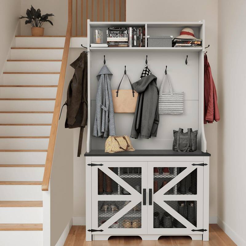 Gymojoy 77" Hall Tree with Bench & Shoe Storage, 4-in-1 Farmhouse Entryway Organizer for Mudroom, Hallway