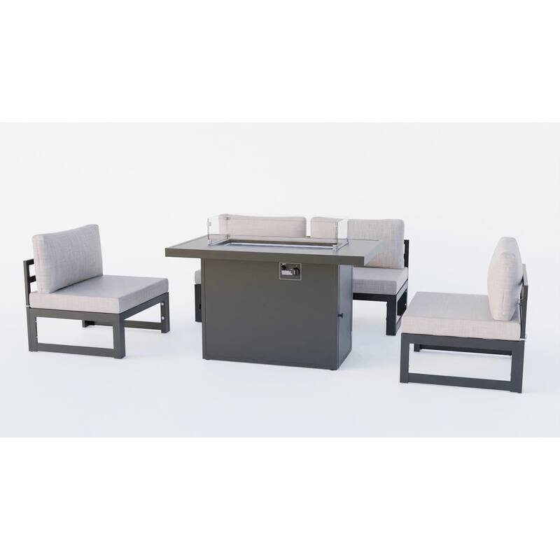 LeisureMod Chelsea 5-Piece Outdoor Patio Chairs and Fire Pit Table Set - Beige