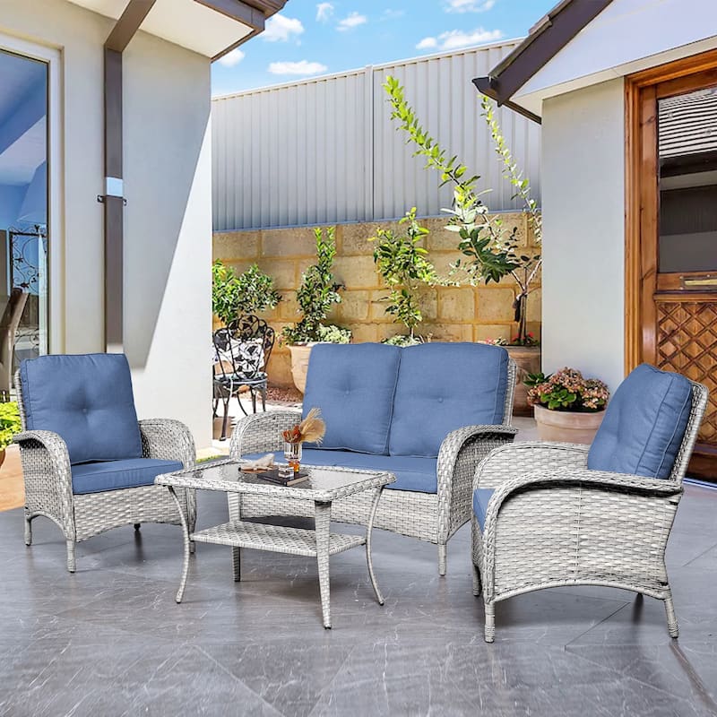 Pocassy Outdoor Patio Sofa Loveseat with Chair Coffee Table - Blue - Light Beige
