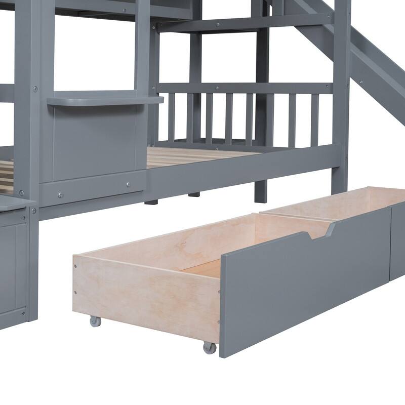 Twin-Over-Twin Castle Style Bunk Bed with 2 Drawers 3 Shelves and Slide
