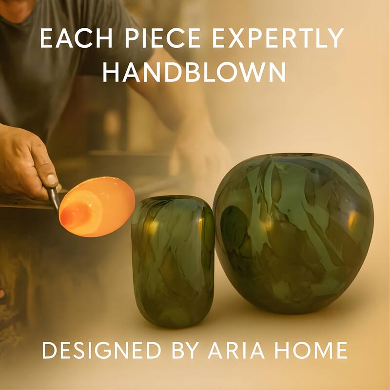 Aria Home Green Handblown Round Glass Vases Set of Two with Abstract Design