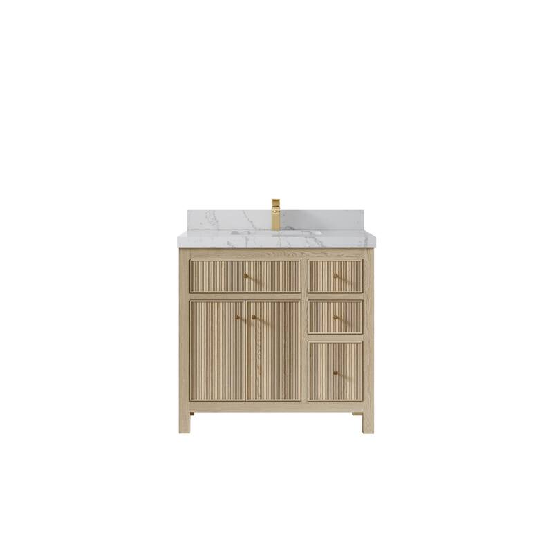 Willow Collections 36 x 22 Sonoma Oak Wood Center Sink Left Bathroom Vanity with Quartz or Marble Countertop