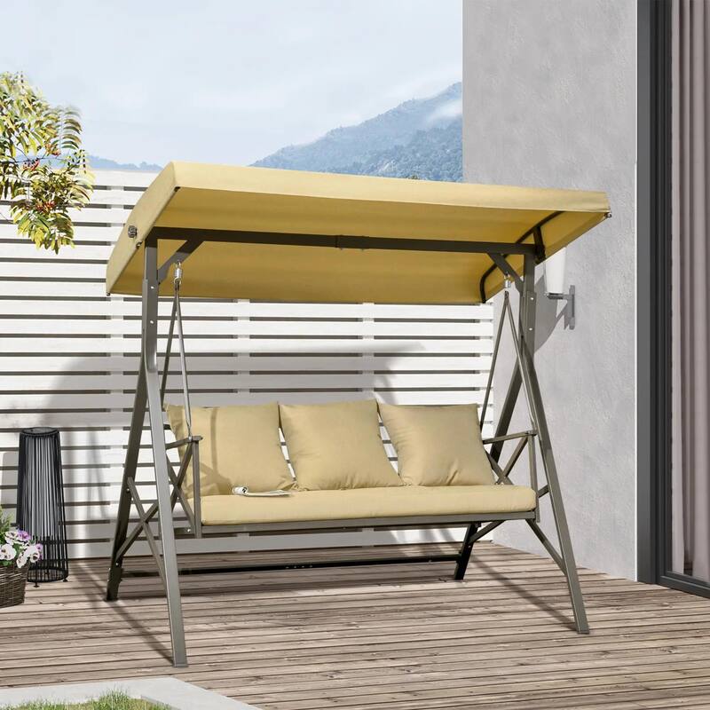 3-Seat Patio Swing, Cushion, Throw Pillows, Adjustable Canopy, Porch