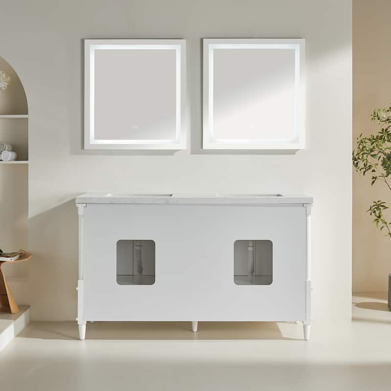GDFStudio - Modern 60" Freestanding Bathroom Vanity with Dual Engineered Carrara Marble, Fully Assembled
