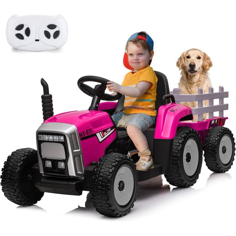 35W Kids Ride On Tractor, Electric Vehicle Car with Trailer & Remote Control - Pink