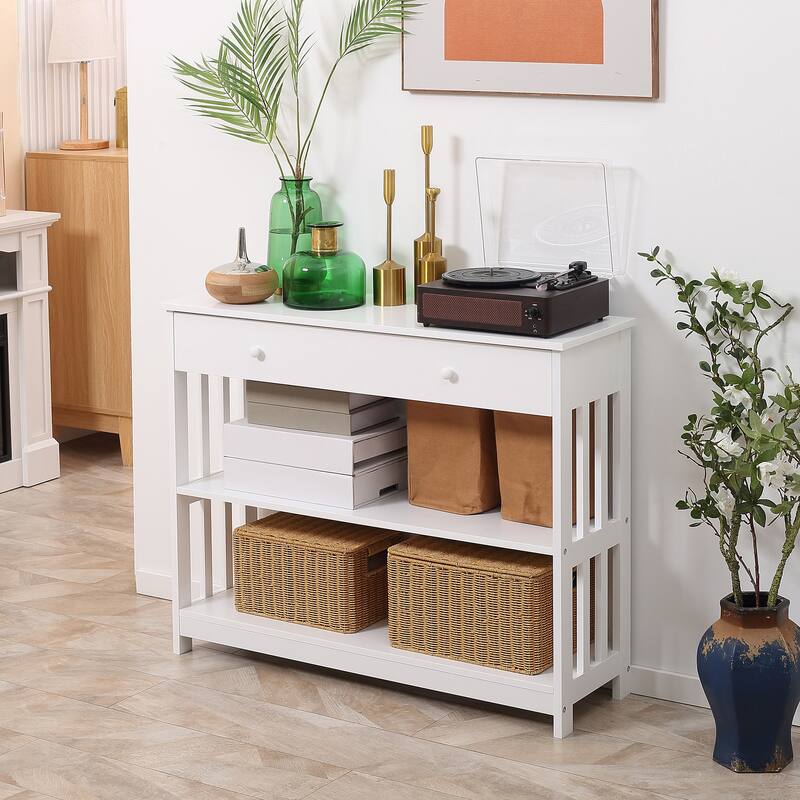 Console Table with Drawer and Two Open Shelves MDF Hallway Living Room Entryway Storage Furniture - 39.25"W x 11.75"D x 31.5"H