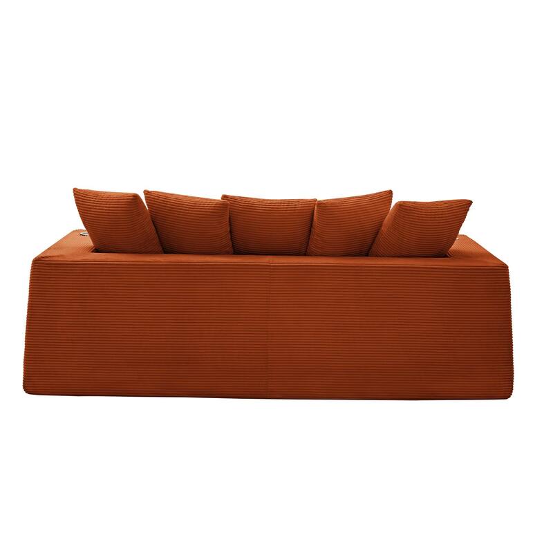 Modern Convertible Loveseat Sofa Bed, Corduroy Fabric Foldable Floor Couch w/5 Pillows, Side Pockets & Cup Holders, No Assembly