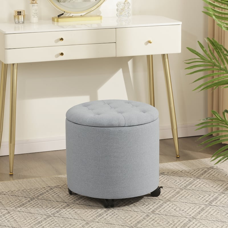 Adeco 17" Faux Leather Round Storage Ottoman with Tufted