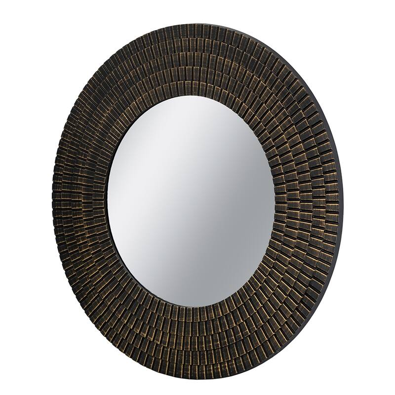 D29.5" Round Black And Gold Wooden Accent Mirror With Woven Texture - Black
