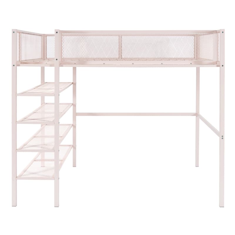 Full Size Metal Loft Bed with 4-Tier Shelves and Multifunctional Storage