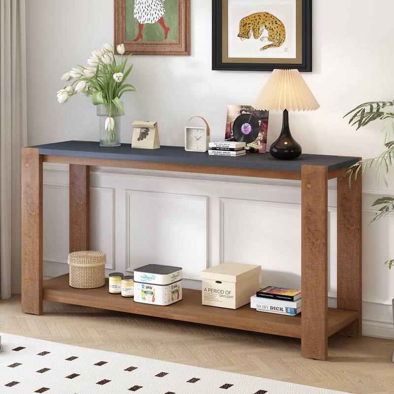 59 Inch Console Table with Bottom Shelf,Minimalist Style Console Table for Entryway - Black+Brown