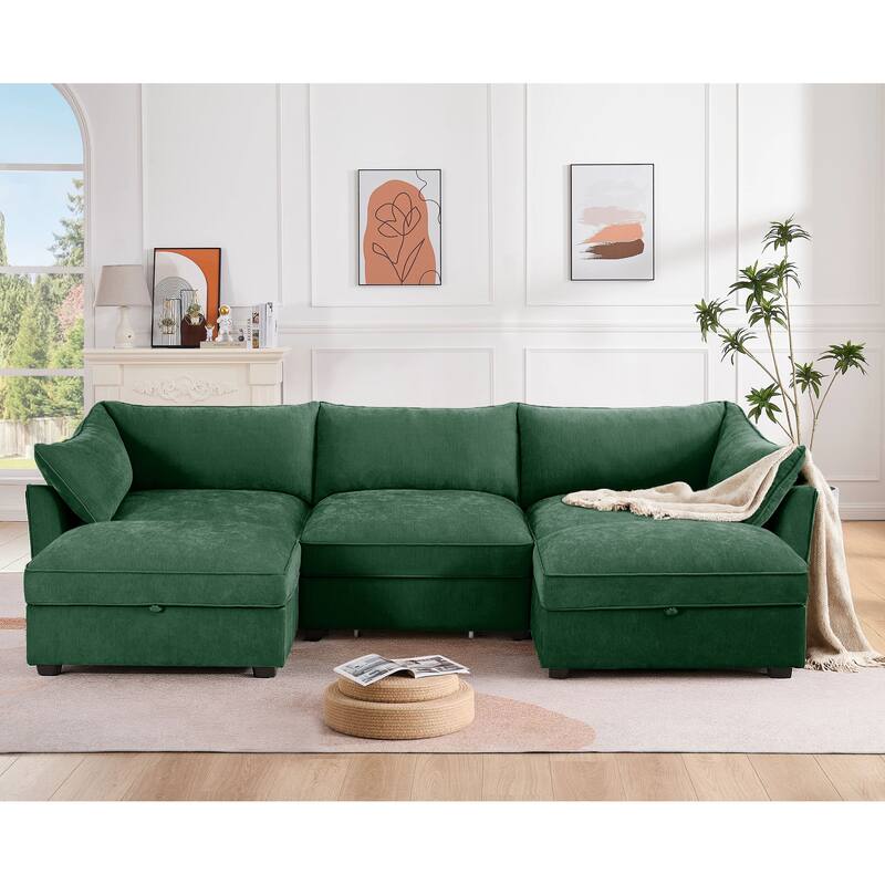 Chenille Fabric Upholstered Sectional Sofa with Under-Seat Drawers and Storage Ottoman - Green—3 Seater with 2 Ottoman