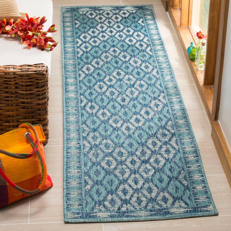 SAFAVIEH Courtyard Hannchen Indoor/ Outdoor Waterproof Patio Backyard Rug - 2'3" x 10' Runner - Navy/Aqua