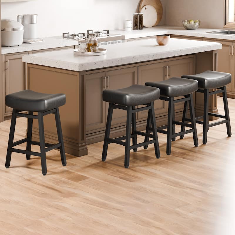 XINMICS 24 Inches Bar Stools, Saddle Kitchen Stools with PU Leather Cushion Counter Height Barstools for Kitchen Dining Cafe - Set of 4 - Black