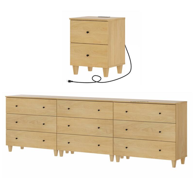 9-Drawer Dresser and Nightstand Set for Bedroom, 106.2" Wide - Oak - 2 Piece