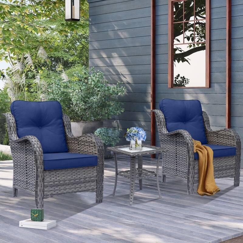 3 Piece High Back Wicker Rattan Outdoor Patio Furniture Chairs Set - Navy Blue-Gray Rattan