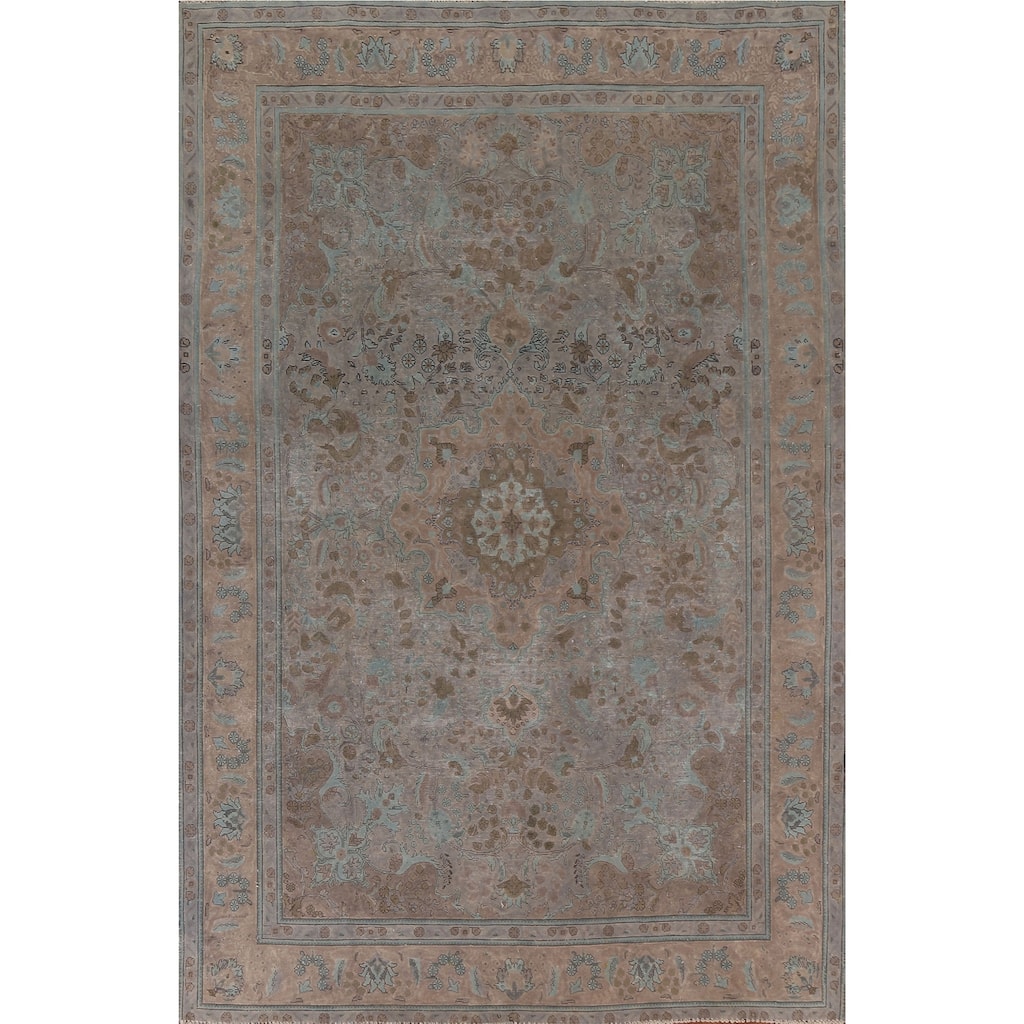 Hand Knotted Oriental 100% Wool Carpet Traditional Floral Brown Tabriz Area Rug - 9' 4'' X 6' 8''