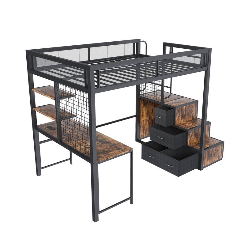 Space-Saving Full-Size Loft Bed with Desk & USB Charging, Modern Heavy Metal Bed Frame, Hidden Drawers, Staircase & Storage Rack