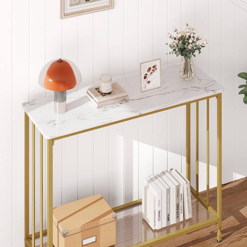 Modern Style Console Table with Glass Shelf and Metal Frame