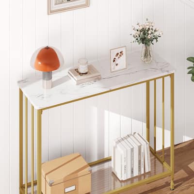 Modern Style Console Table with Glass Shelf and Metal Frame