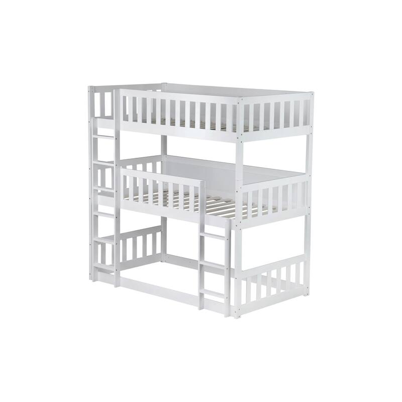 Roomfitters Twin Triple Bunk Bed, Rubber Wood Detachable Design with Ladders and Guardrails, Twin over Twin over Twin