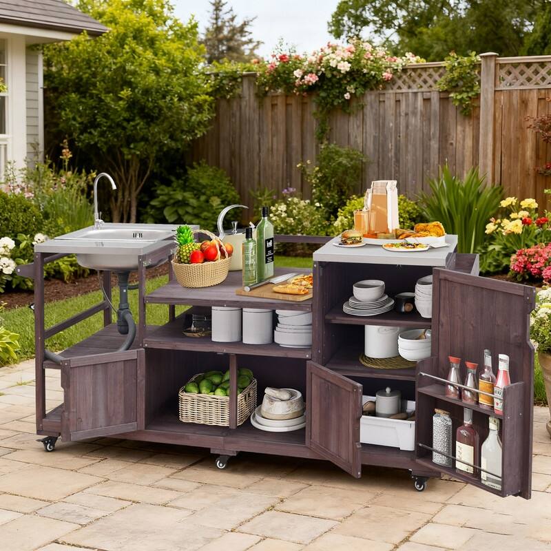 75.4" Rolling Outdoor Kitchen Island with Stainless Steel Top, Premium Solid Wood Grill Cart with Sink and Wheels for Outdoor