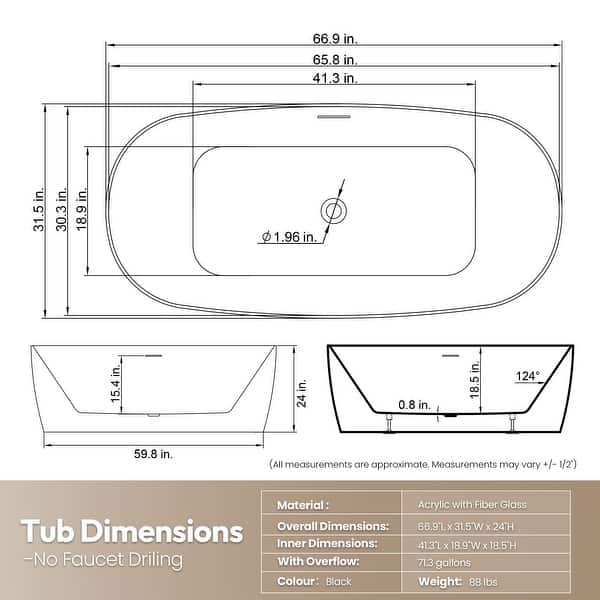 dimension image slide 1 of 2, London Freestanding Acrylic Soaking Bathtub