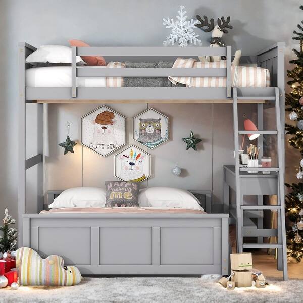 slide 2 of 15, Functional Full Over Full Bunk Bed with Desk and Guardrails for Kids, Adults Gray