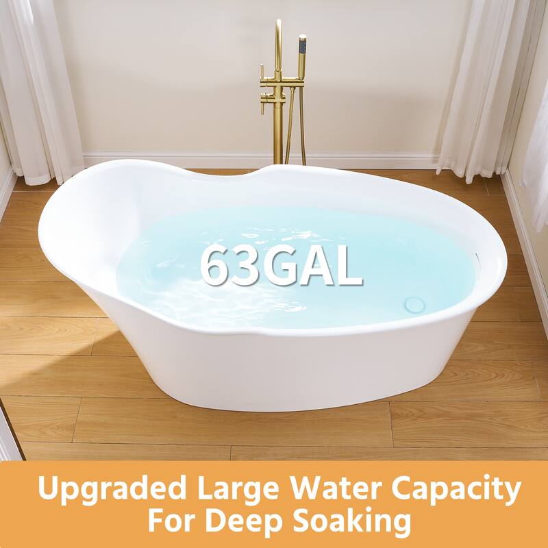 66'' W,63 GALLONS Freestanding Acrylic Soaking Bathtub With Drain And Overflow Holes