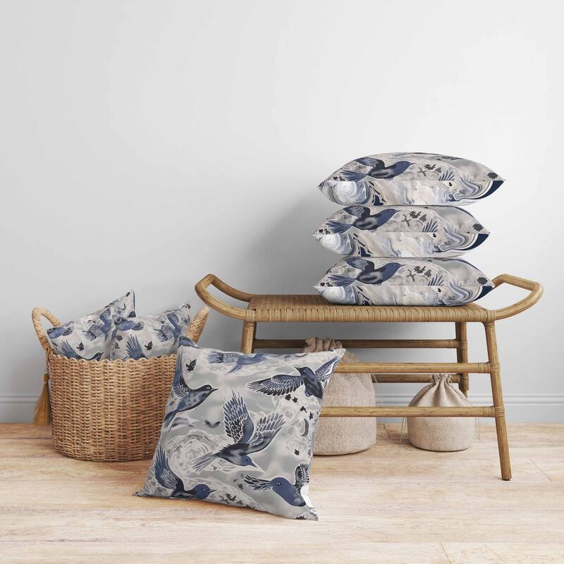 Inferno Songbirds Faux Suede Reversible Throw Pillow Silver and Blue