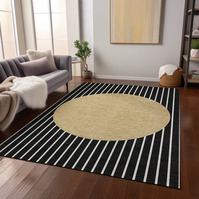 Machine Washable Indoor/ Outdoor Modern Sunrise Chantille Rug - Black - 10' x 14'