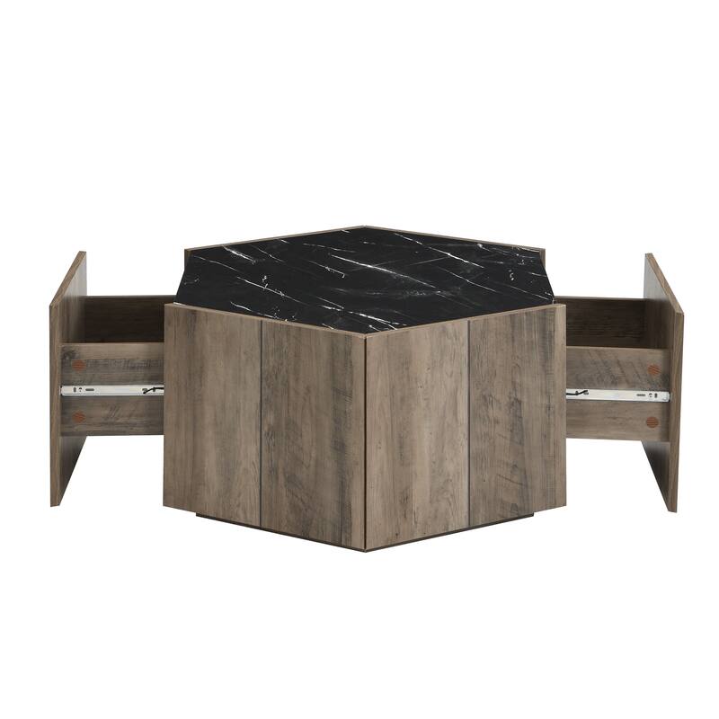 Hexagonal Rustic Retro Wood Coffee Table, with 2 Hidden Drawers, Textured White Marble Tops,Walunt Oak Finish - Perfect