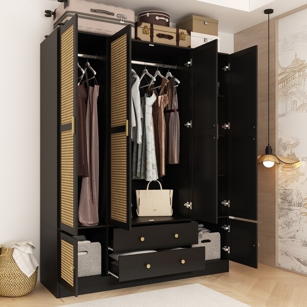 Versatile Hall Tree Wardrobe with Rattan Panels, Storage Closet