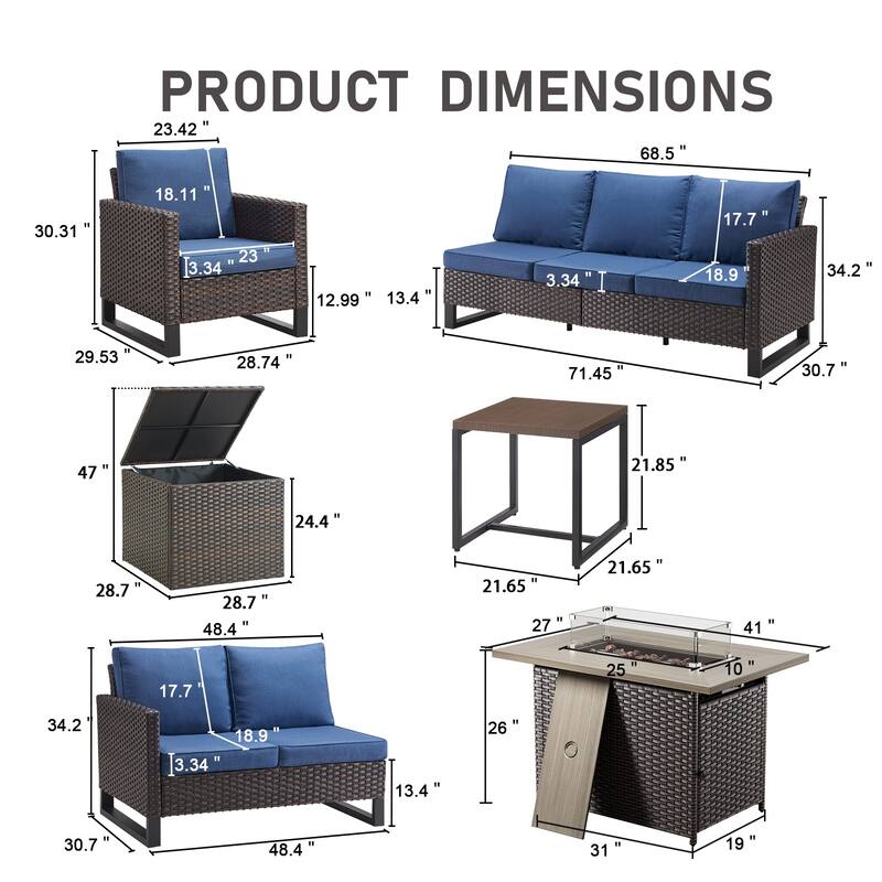 Gymojoy 7 Person All-Weather Wicker Outdoor Conversation Set Seating Group With Fire Pit Table