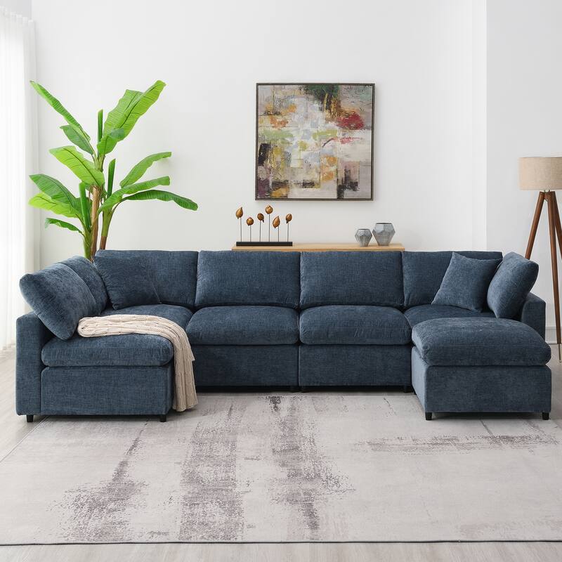 Blue 130'' U-Shaped 6 Seater Modular Sectional Sofa with Ottoman, Convertible U-Shaped Sleeper, Customizable Layout