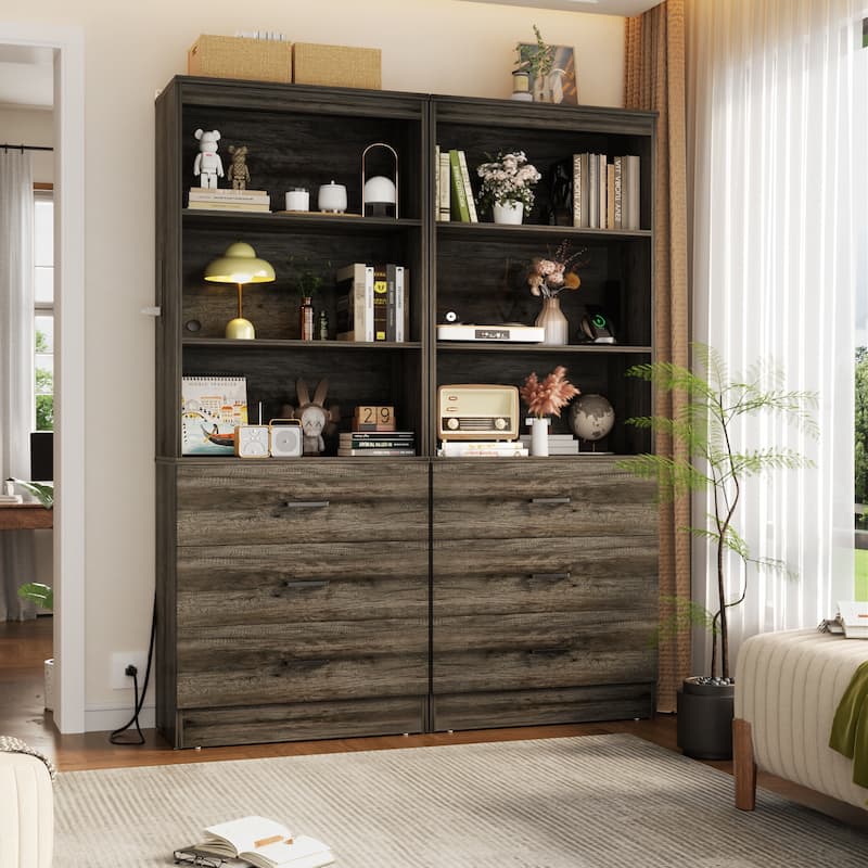 6-Tier 23.6'' Display Cabinet with Charging Station and Drawers, Bookcase Storage Shelf Kitchen Pantry