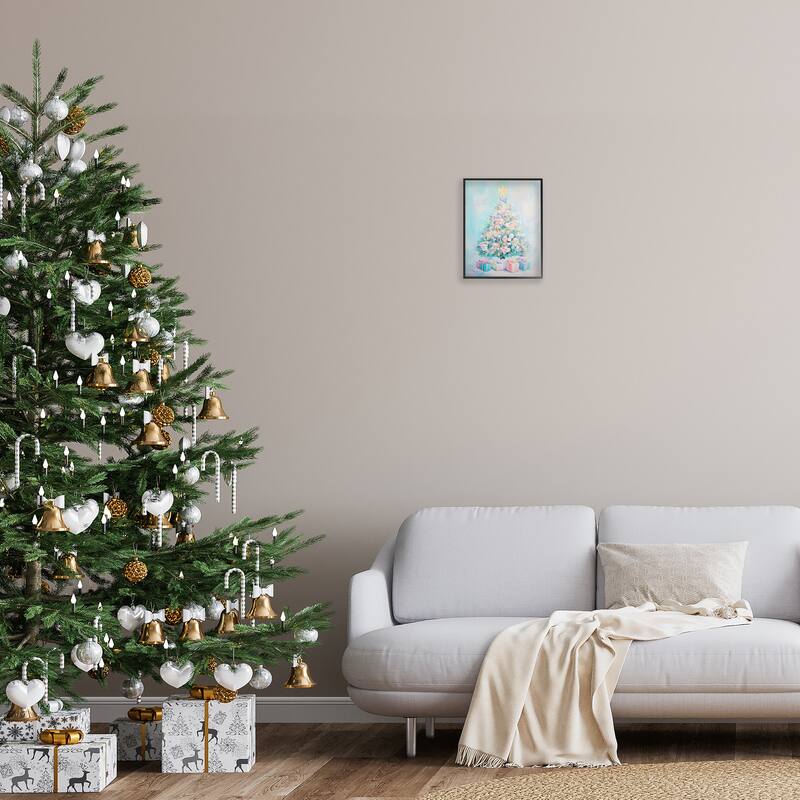 Stupell Pastel Christmas Tree on Blue Framed Giclee Art Design By Arlington Prints