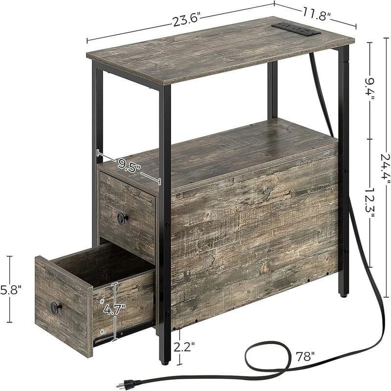 End Table with Charging Station - 23.6"D x 11.8"W x 24.4"H