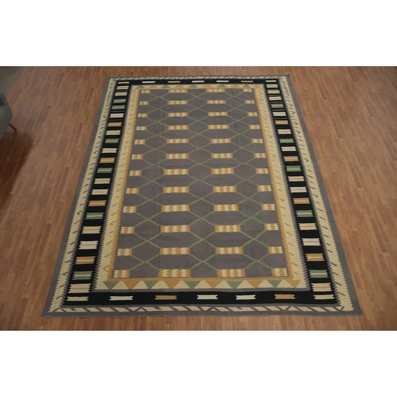 Hand Woven Oriental 100% Wool Carpet Southwestern Modern Greys & Charcoal Kilim Area Rug - 14' 10'' X 11' 5''