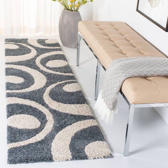 SAFAVIEH Florida Shag Jayati Abstract 1.2-inch Thick Rug - 2'3" x 8' Runner - Slate/Ivory