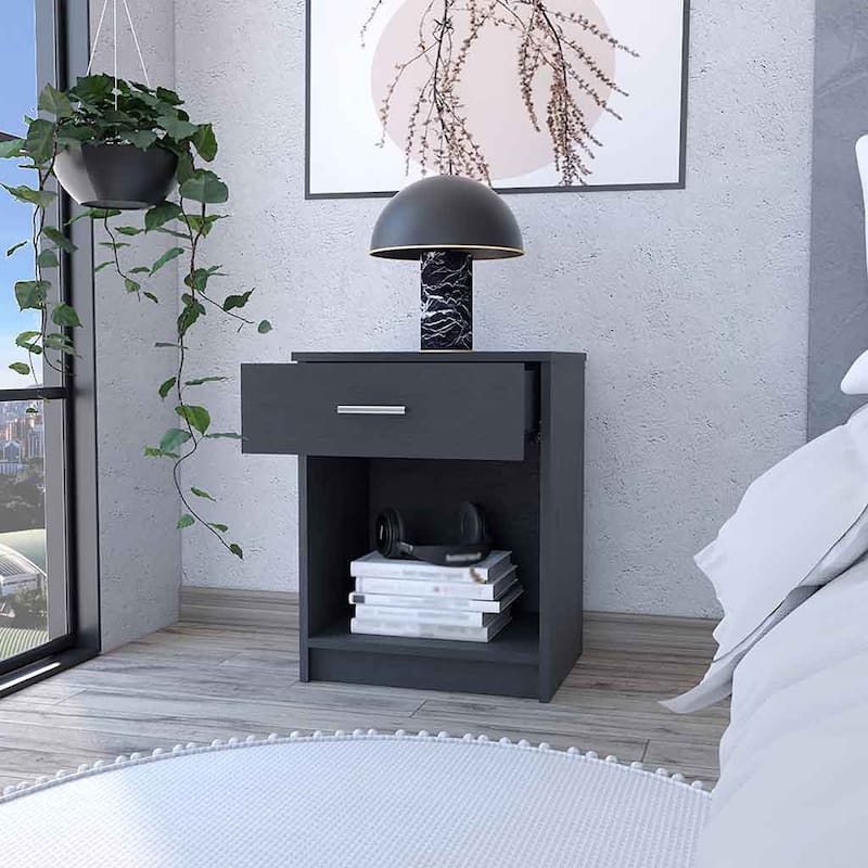 Modern Nightstand with Drawer and Shelf, Light Gray Finish, Durable Manufactured Wood, 21.73" Tall